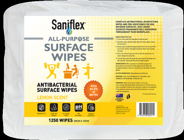 SANIFLEX - ALL PURPOSE ANTIBACTERIAL SURFACE WIPES 1200 BAG FOR WORKOUT AND WORKPLACE 45GSM