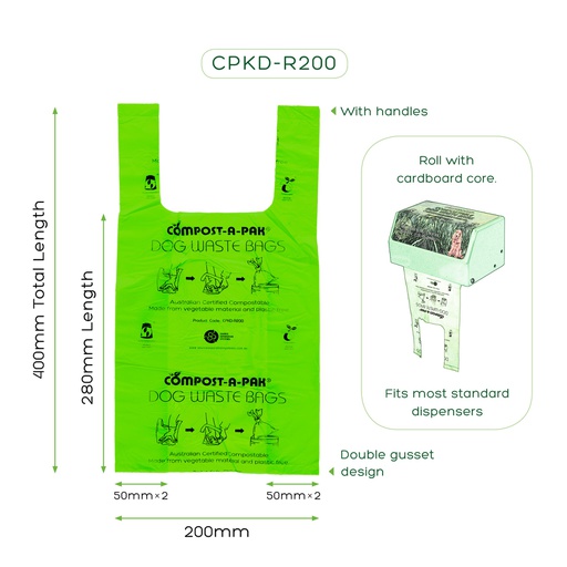 [CPKDSB-R200-10C] COMPOSTABLE DOG WASTE BAGS WITH HANDLES – COMMERCIAL CARTON (2,000 BAGS)