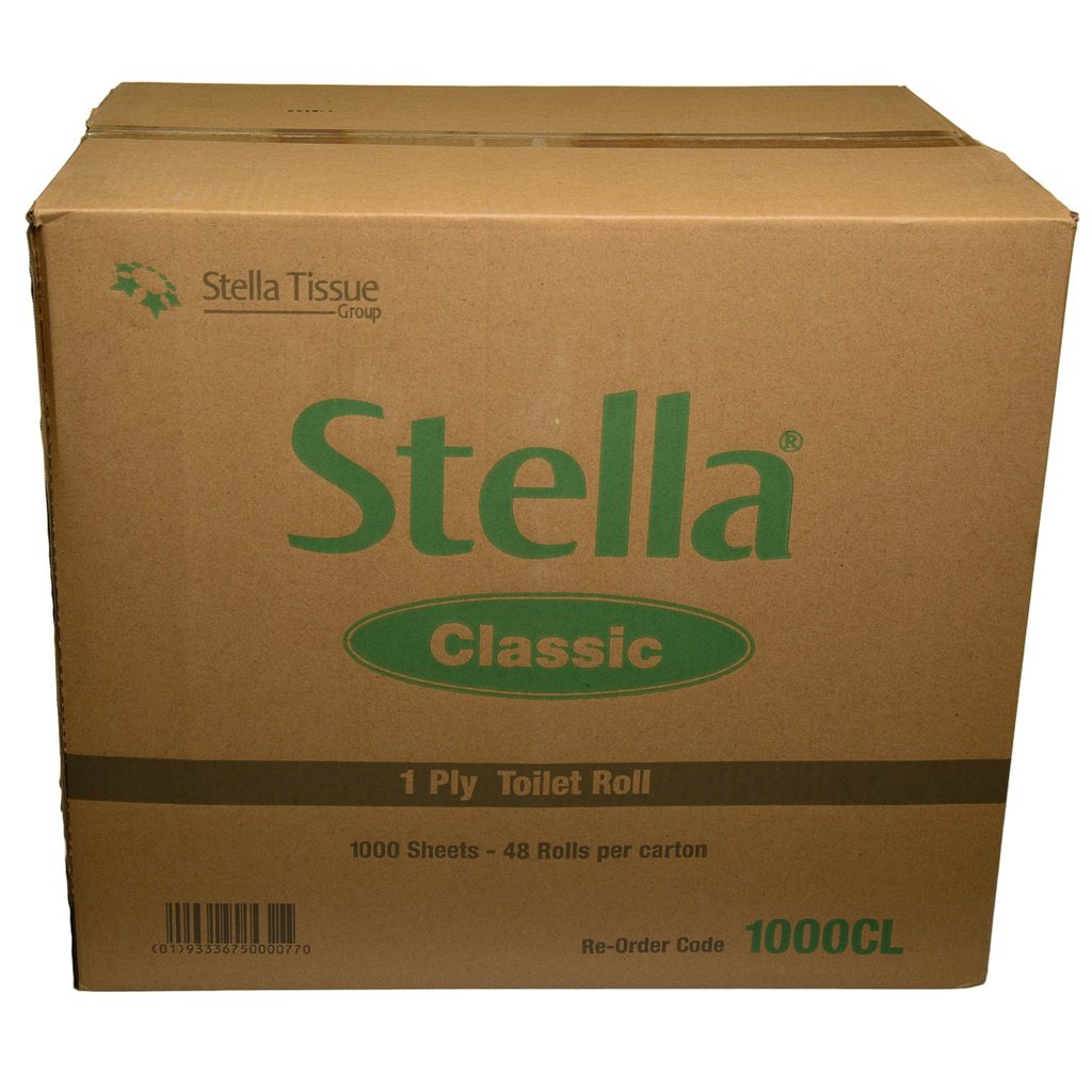 STELLA CLASSIC 1PLY 1000SHT RECYCLED TOILET TISSUE - 48 ROLLS/CTN