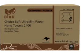(INDIGENOUS OWNED) BIOD - CHOICE SOFT ULTRASLIM PAPER HAND TOWEL 150X16 240L X 230W - 2400