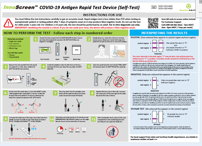 INNOSCREEN COVID-19 RAPID ANTIGEN SELF TEST KITS - BOX OF 20 TESTS - AUSTRALIAN MADE