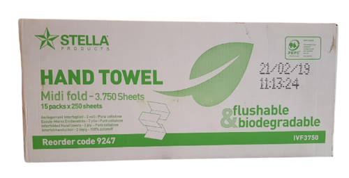 STELLA MIDI FOLD 2PLY FLUSHABLE PAPER HAND TOWELS 3750/CTN