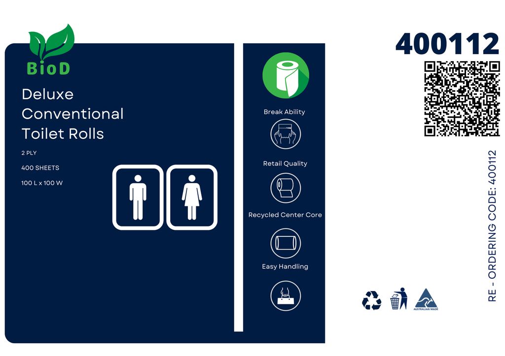 BIOD DELUXE CONVENTIONAL 2PLY 400SHT TOILET TISSUE - 12 ROLLS/CTN