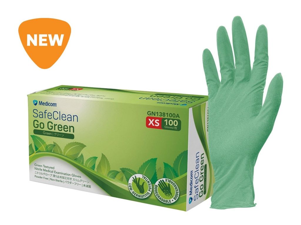 SAFECLEAN GOGREEN BIODEGRADABLE NITRILE EXAM GLOVES, POWDER FREE, STANDARD CUFF, GREEN