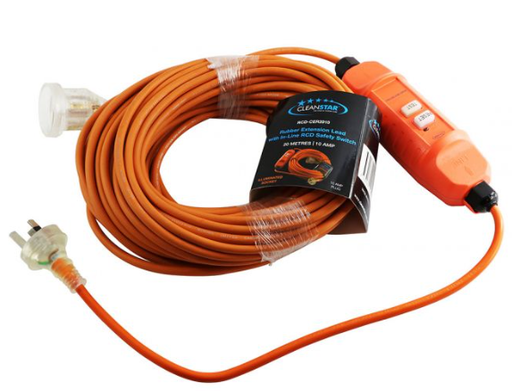 CLEANSTAR-20 METRE PREMIUM RUBBER EXTENSION LEAD WITH IN-LINE RCD SAFETY SWITCH - ORANGE